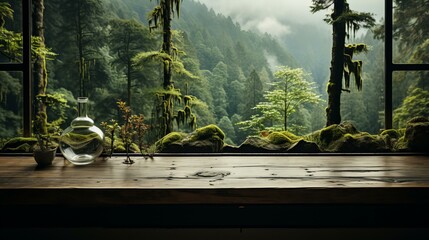 室内から見える緑色の森林の風景