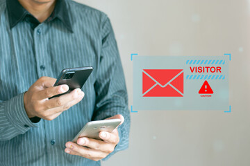Mobile data hacker by sending text link, data protection concept in security field.
