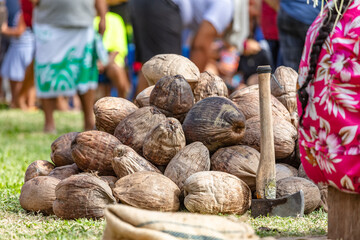 Décorticage de coco au tu'aro ma'ohi, sports traditionnels polynésiens