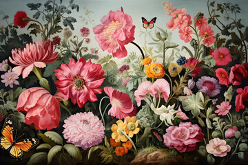 vibrant painting of a variety of colorful flowers in full bloom, with a butterfly gracefully fluttering amongst them. The flowers include roses, daisies, and others that are pink, red, white, blue, an