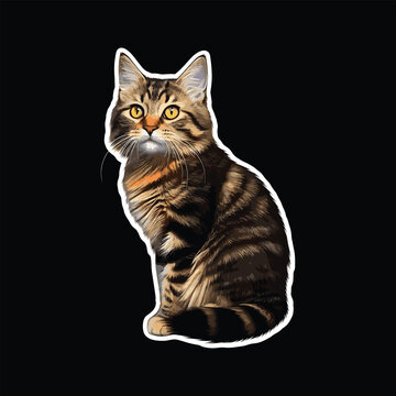 realistic cute cat sticker design for print, Isolated on black background, digital vector graphic.