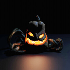 
3D computer-rendered illustration of a spooky carved pumpkin jack-o-lantern.