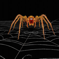 3D computer-rendered illustration of a spider in a web.