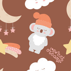 Childish seamless vector pattern with cute panda, fluffy cloud, moon and stars. Funny print background perfect for fabric. Brown background. Vector