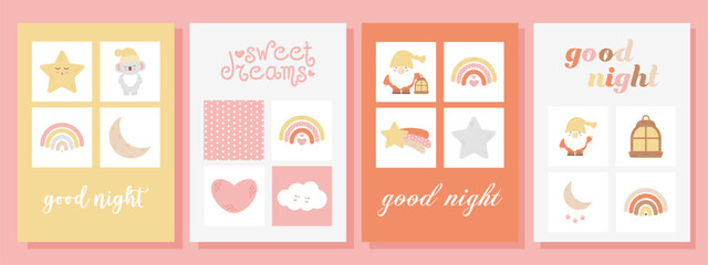 Set of cute kids character poster. Sweet Dreams and good night. Childrens room decoration design. Kids party invitation. Flat vector illustration