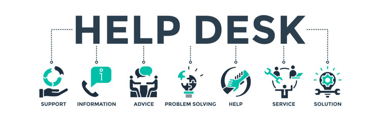 Help desk banner web icon vector illustration concept with icons of support, information, advice, problem-solving, help, service, and solutions