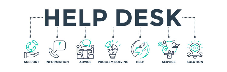 Help desk banner web icon vector illustration concept with icons of support, information, advice, problem-solving, help, service, and solutions