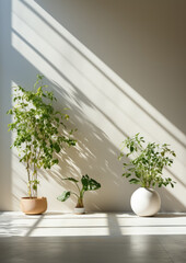 3 Beautiful indoor plants,  growing in the sunlight, in a of light-filled space