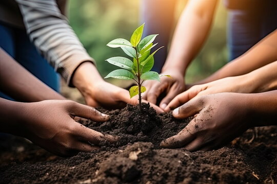 Group of volunteers joins hands together for plant a tree, World environment day global