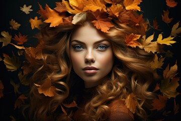 Fototapeta premium portrait of a woman with autumn leaves