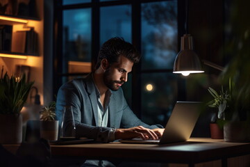 man typing on laptop in home office at night time