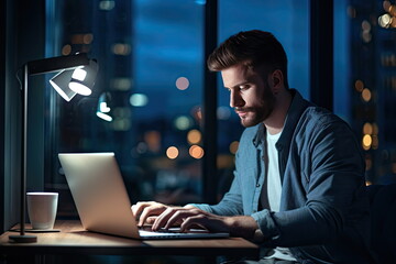 man typing on laptop in home office at night time