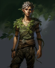 Elf character with green colors standing in a medieval forest. Elf game character concept art. 