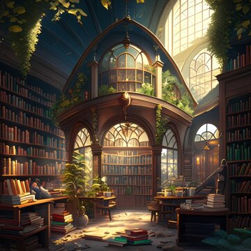 Ancient fantasy Library atmospheric old large library with many books an old library interior with bookshelf, Illustration style