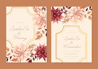 Obraz premium Brown and beige modern wedding invitation template with flora and flower