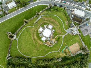 Aerial top down ground plan view of Trim castle, most monumental Anglo - Norman castle in Ireland with square keep, semi-circular towers projecting from the curtain wall