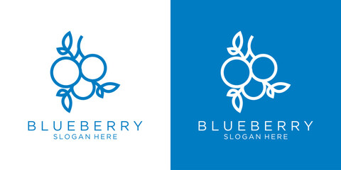 Blueberries logo. Art line. Blueberry logo in line design style isolated with leaves on white background © zulfan