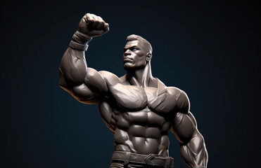 Muscled guy holding up his fist, stone sculptures, superheroes, hyper-realistic details.