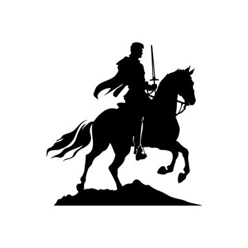 Vector silhouette A knight with sword on a horse black isolated on white	