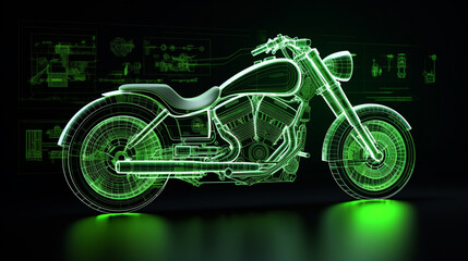 A 3D hologram wireframe of a cruiser motorcycle highlights its low-slung frame, long front forks, and relaxed riding posture, embodying the classic biker's dream.