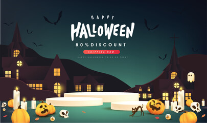 Happy Halloween sale banner night scene with product display and copy space