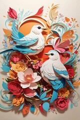 Enchanting 3D Paper Art Illustration, Birds and Flowers Unite in a Stunning Display of Nature's Beauty
