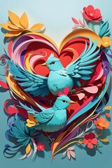 Fototapeta premium Enchanting 3D Paper Art Illustration, Birds and Flowers Unite in a Stunning Display of Nature's Beauty