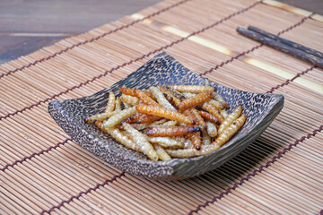 Crispy fried insects. Edible insects, other natural sources of nutrients. Entomophagy, Awesome Exotic food, Fusion food. Selective focus
