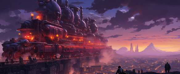 Steaming train on rail in background, in the style of fantasy art steampunk game concept. 
