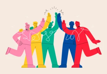 Foto op Canvas Celebrating International friendship day concept. Group of young positive people doing high five together, young generation celebrating social event holiday. Colorful vector illustration © Stranger Man