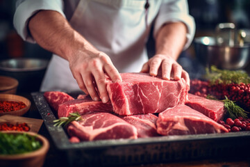 Close-up of a professional chef preparing cuts of meat for cooking