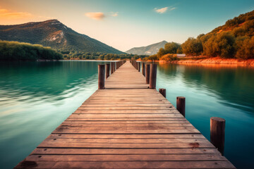 Obraz premium Wooden pier on a lake at sunset. Beautiful summer landscape.
