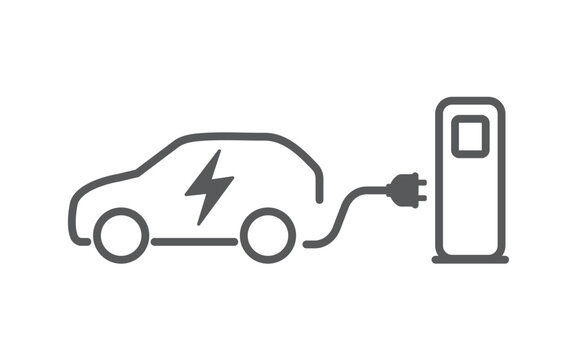 Electric car with a charging station. Ev car. environment care concept. Vector illustration.