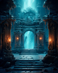 Lost temple under a cave, Dark fantasy game concept art, Hindu art and architecture.