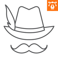 German hat with feather line icon, outline style icon for web site or mobile app, oktoberfest and clothing, hat and moustache vector icon, simple vector illustration, vector graphics.