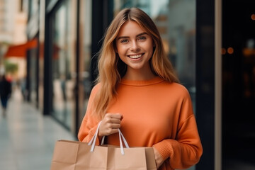 Portrait of smiling young woman with shopping bags in the city.