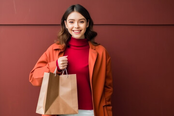 Fototapeta na wymiar Happy young woman in red coat holding shopping bags on red background