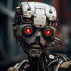 Fototapeta premium A robot with red eyes and a small disfigured body, steam punk video game concept art. 