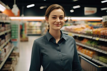Young female caucasian supermarket manager or worker working in a supermarket or grocery store