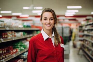 Young female caucasian supermarket manager or worker working in a supermarket or grocery store