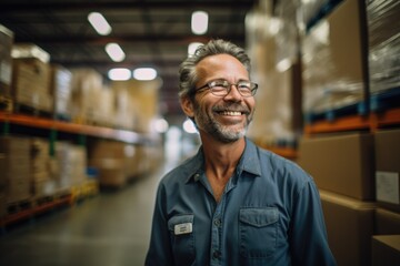Fototapeta na wymiar Smiling portrait of a hapyy middle aged warehouse worker or manager working in a warehouse