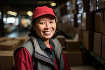 Smiling portrait of a happy female middle aged asian warehouse worker or manager working in a warehouse