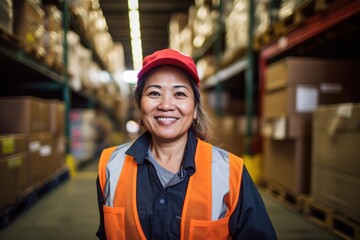 Smiling portrait of a happy female middle aged asian warehouse worker or manager working in a warehouse