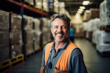 Fototapeta na wymiar Smiling portrait of a hapyy middle aged warehouse worker or manager working in a warehouse