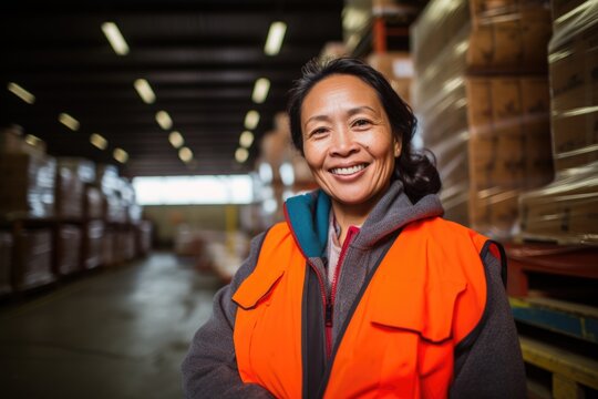 Smiling portrait of a happy female middle aged asian warehouse worker or manager working in a warehouse