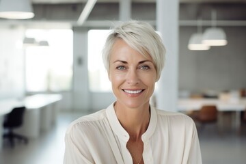 Fototapeta premium Smiling portrait of a happy middle aged caucasian woman working for a startup company in an office