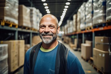 Smiling portrait of a hapyy middle aged warehouse worker or manager working in a warehouse