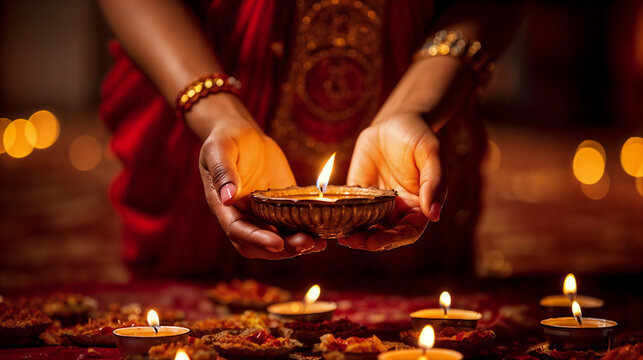 Traditional diya lamps lit during Diwali celebration. Generative AI