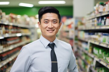 Fototapeta na wymiar Young male asian supermarket manager or worker working in a supermarket or grocery store