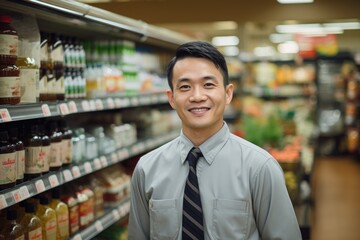 Fototapeta na wymiar Young male asian supermarket manager or worker working in a supermarket or grocery store
